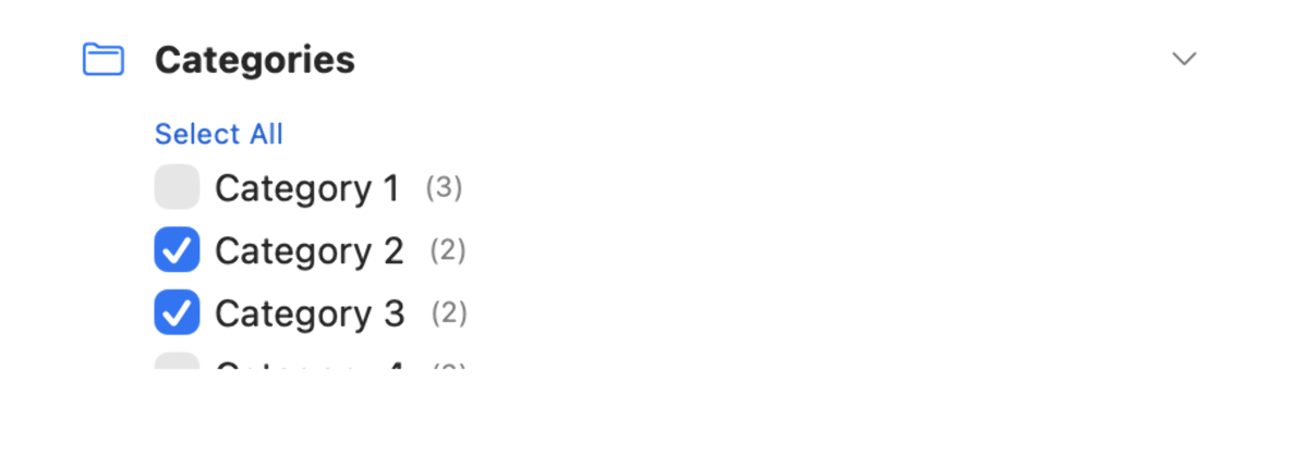BlogBook filtering screen Categories section with checkboxes and post counts