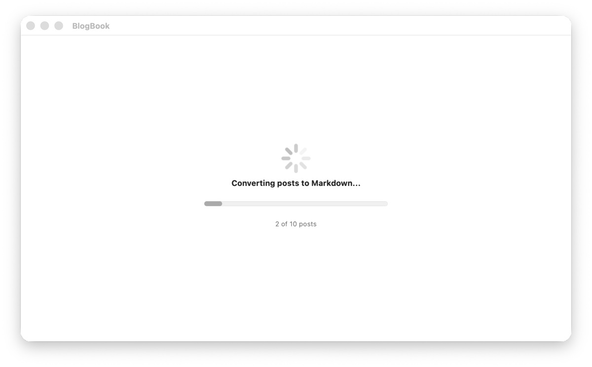 BlogBook export in progress with post count and progress bar