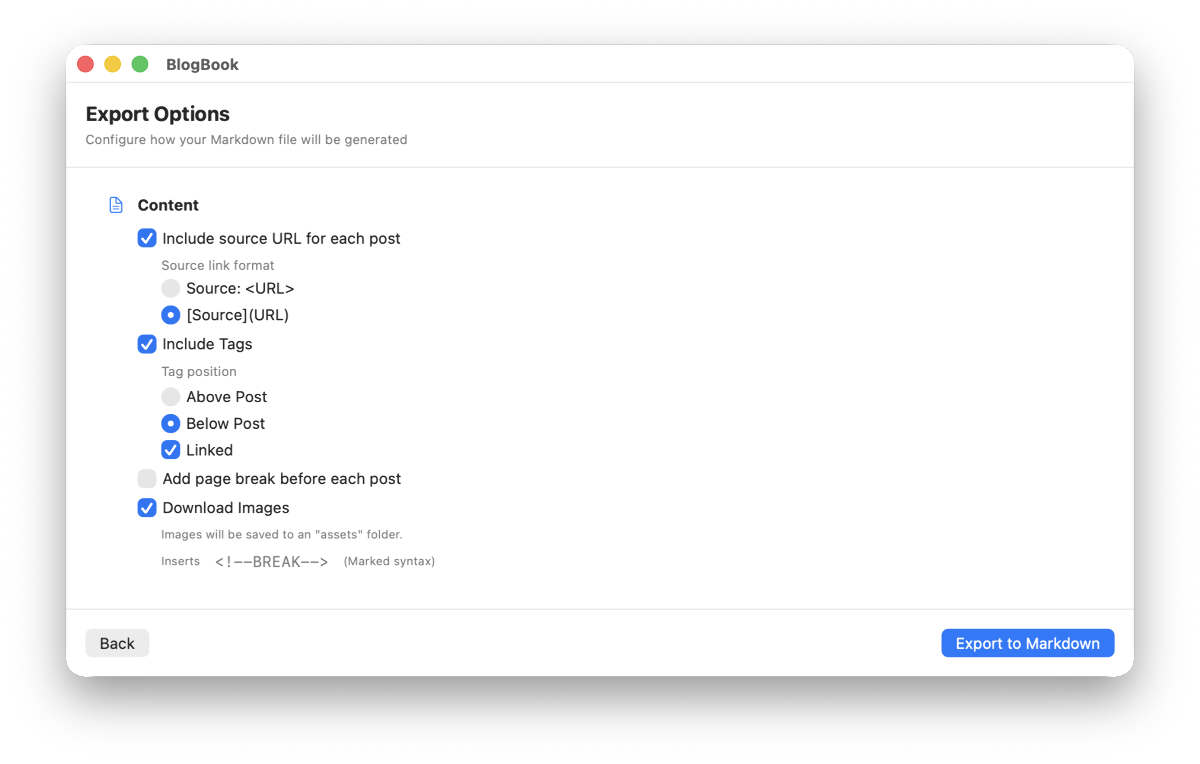 BlogBook Export Options screen with Table of Contents and Output preview