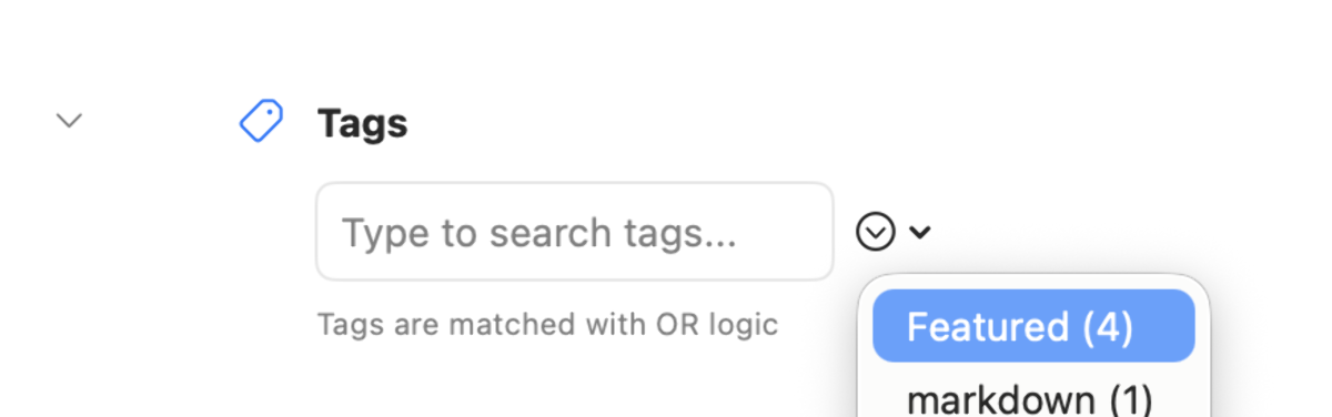 BlogBook Tags filter with token chips and search field